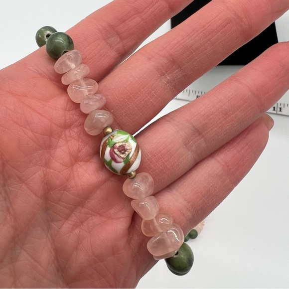 Vintage Jade & Rose Quartz Beaded Necklace – Cloisonné Floral Beads - Picture 5 of 7